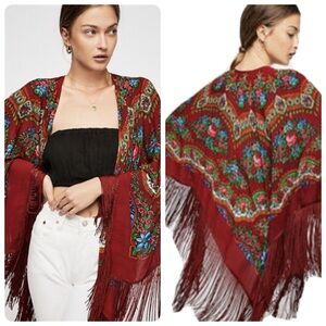 Free People Harvest Moon Butterfly‎ Floral Kimono Fringed Boho Folk Art One Size
